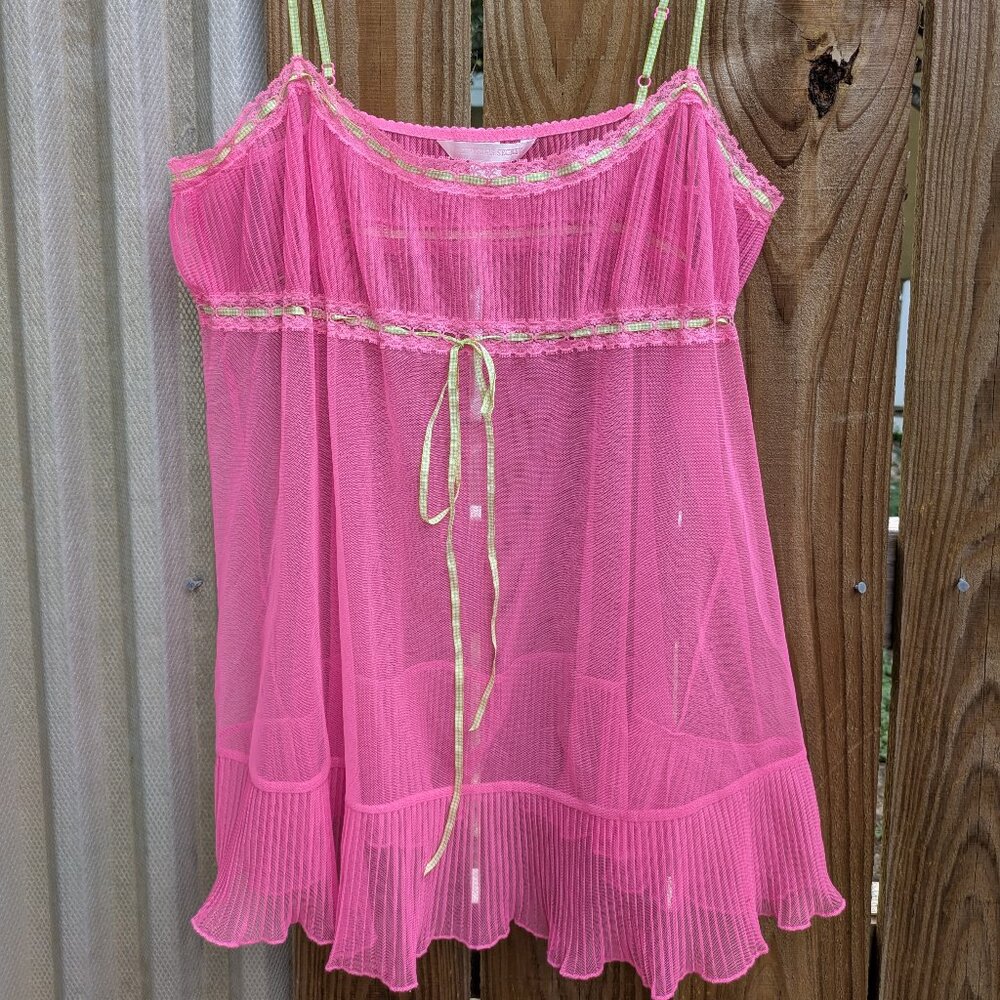 Victoria's Secret 2003 Large Sheer Pink Slip Dress Lingerie with Green Ribbon